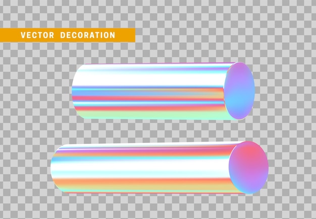 Establecer objetos de formas geométricas holográficas 3d de acero redondo, barra, madera redonda de metal. Elementos de geometría realistas en degradado de color metálico. Render Figura decorativa para diseño. ilustración vectorial