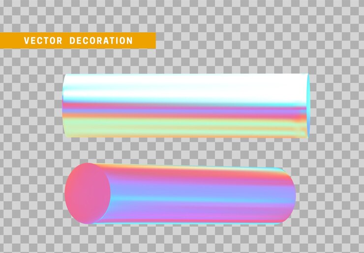 Vector establecer objetos de formas geométricas holográficas 3d de acero redondo, barra, madera redonda de metal. elementos de geometría realistas en degradado de color metálico. render figura decorativa para diseño. ilustración vectorial