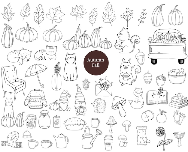 Vector establecer otoño otoño con animales dibujos animados paquete calabazasdibujado a manogarabato clipartilustración vectorial