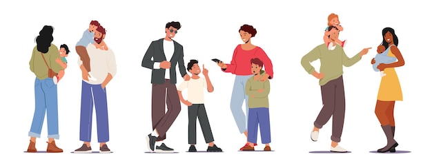 Establecer padres amorosos con niños, madre y padre Personajes de etnia caucásica y africana Sosteniendo bebés y niños pequeños en manos, paternidad o concepto de infancia. caricatura, gente, vector, ilustración