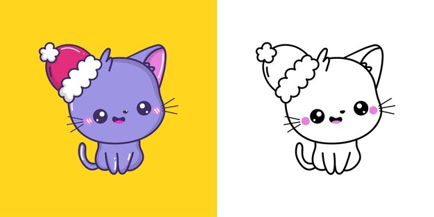 Establecer página para colorear de gato de Navidad de imágenes prediseñadas y animal de Navidad kawaii de ilustración coloreada
