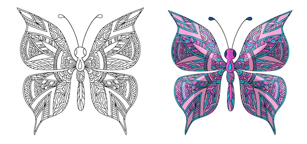 Establecer página para colorear mariposa en estilo zentangle