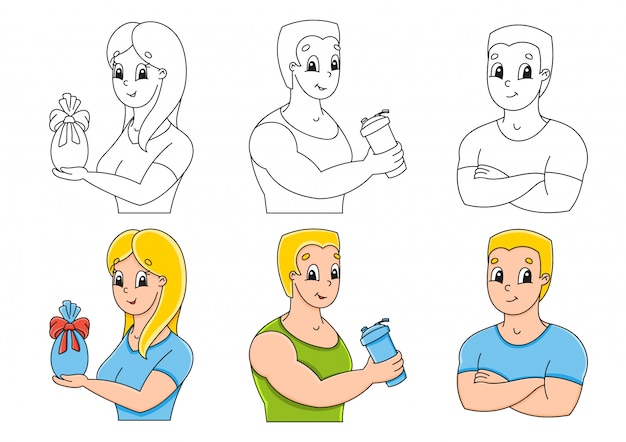 Establecer página para colorear para niños. Gente feliz. Personajes de dibujos animados lindo Trazo negro