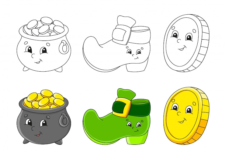 Vector establecer página para colorear para niños. olla de oro, bota de duende, moneda de oro. personajes de dibujos animados lindo