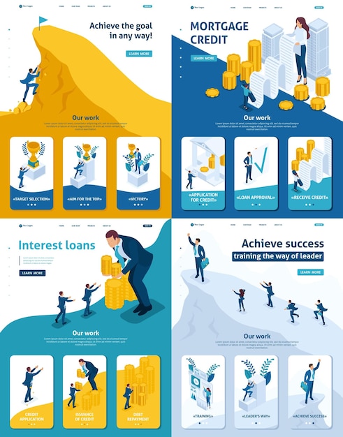 Vector establecer página de destino préstamo hipotecario isométrico préstamos con intereses para lograr el objetivo de subir a la cima