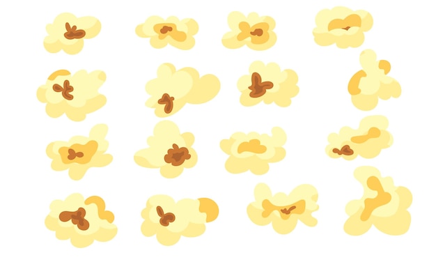 Establecer palomitas de maíz de dibujos animados y snack de palomitas de maíz Colección icono sabroso maíz de grano y comer salado