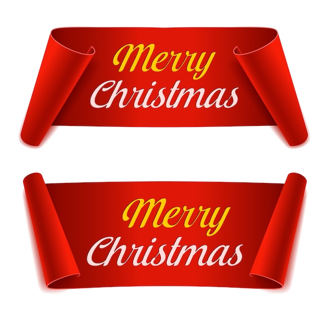 Vector establecer pancartas de papel de desplazamiento de feliz navidad. cinta de papel rojo sobre fondo blanco. etiqueta realista.