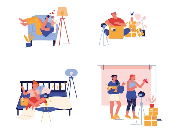 Establecer paquete de desembalaje, entrega de correo, concepto de blogs de envío. Personajes de Bloggers Abriendo cuadros Grabación de video de unboxing para Internet. Transmisión en vivo de redes sociales. Gente de dibujos animados