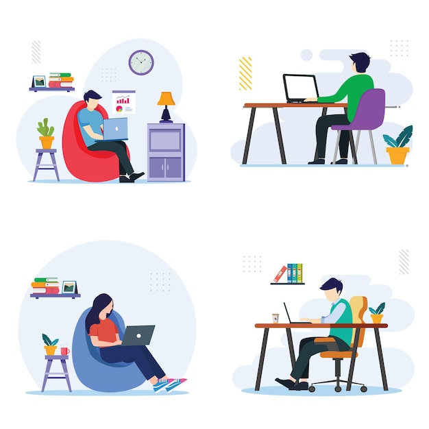 Establecer paquete Diseño plano moderno del concepto de trabajo desde el hogar Concepto independiente Vector de estilo plano