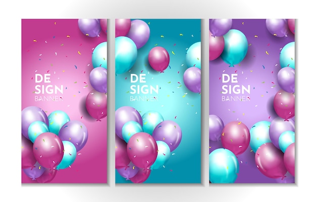 Vector establecer un paquete de fondos con decoraciones de globos 3d realistas para carteles y pancartas