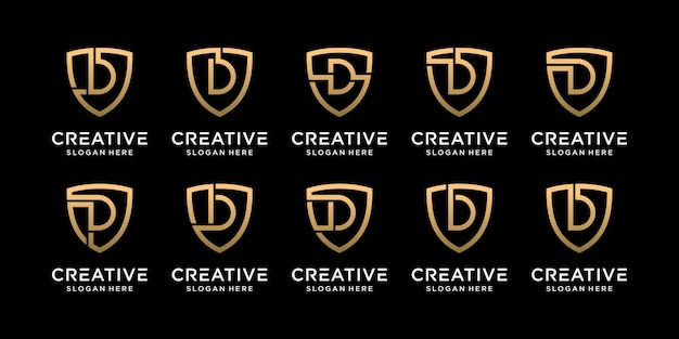Establecer paquete monograma escudo diseño de logotipo letra inicial d con estilo lineal Vector Premium