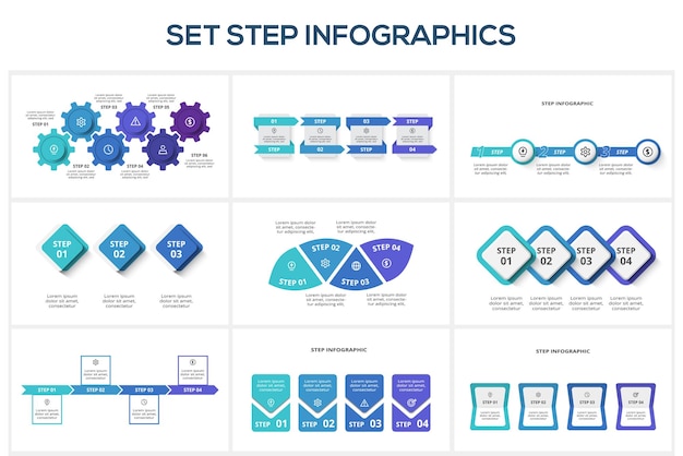 Vector establecer paso con 3 4 6 elementos plantilla infográfica para presentaciones de negocios web ilustración vectorial