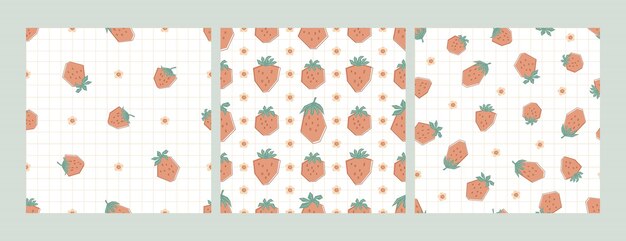Establecer patrones con fresas grandes y pequeñas en colores pastel. Fondo con bayas de verano. Ilustración de estilo plano para niños de ropa, textiles, papel tapiz. Vector