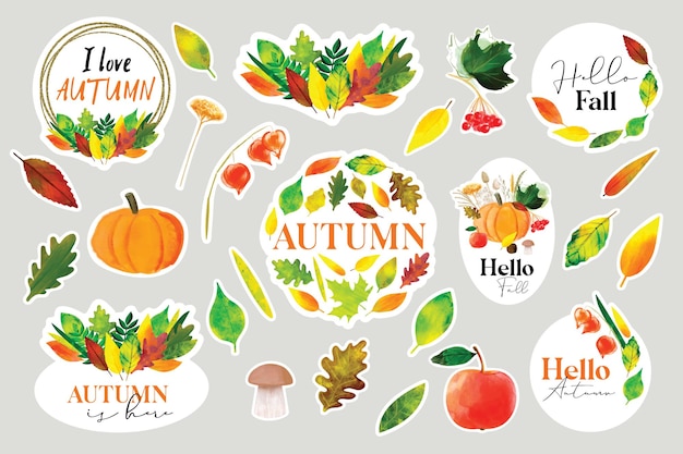 Establecer pegatinas hola otoño con ilustración de otoño con hojas coloridas y cosecha de otoño