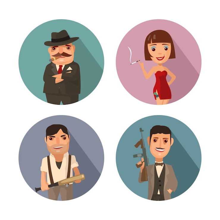 Vector establecer persona mafia. don, capo, soldado, prostituta. ilustración plana de vector con sombra en el círculo de color. icono de comics de colección