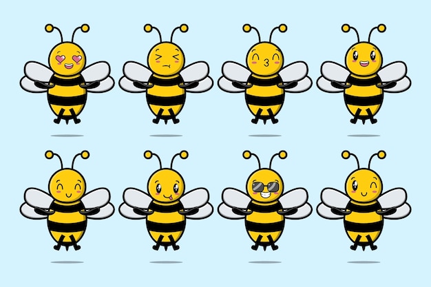 Establecer personaje de dibujos animados de abeja kawaii con diferentes expresiones de ilustraciones de vectores de cara de dibujos animados