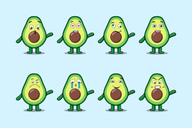 Establecer personaje de dibujos animados de aguacate kawaii con diferentes expresiones de ilustraciones de vectores de cara de dibujos animados