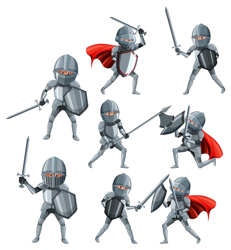 Vector establecer personaje de dibujos animados de caballero medieval