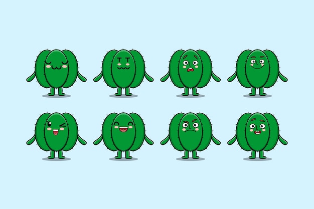 Establecer personaje de dibujos animados de cactus kawaii con diferentes expresiones ilustraciones de vectores de cara de dibujos animados