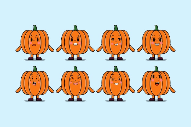 Establecer personaje de dibujos animados de calabaza kawaii con diferentes expresiones ilustraciones de vectores de cara de dibujos animados