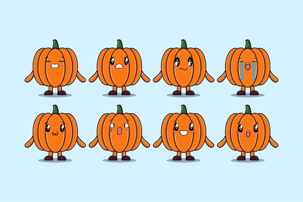 Establecer personaje de dibujos animados de calabaza kawaii con diferentes expresiones ilustraciones de vectores de cara de dibujos animados