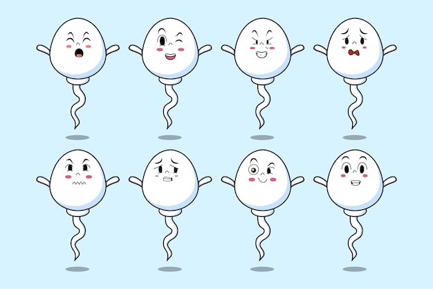 Establecer personaje de dibujos animados de esperma kawaii con diferentes expresiones de ilustraciones de vectores de cara de dibujos animados