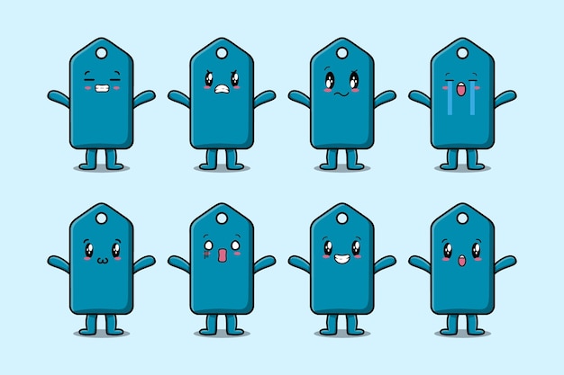 Establecer personaje de dibujos animados de etiqueta de precio kawaii con diferentes expresiones de ilustración de cara de dibujos animados