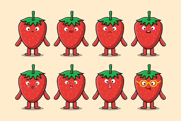 Establecer personaje de dibujos animados de fresa kawaii con diferentes expresiones de cara de dibujos animados vector illustrati