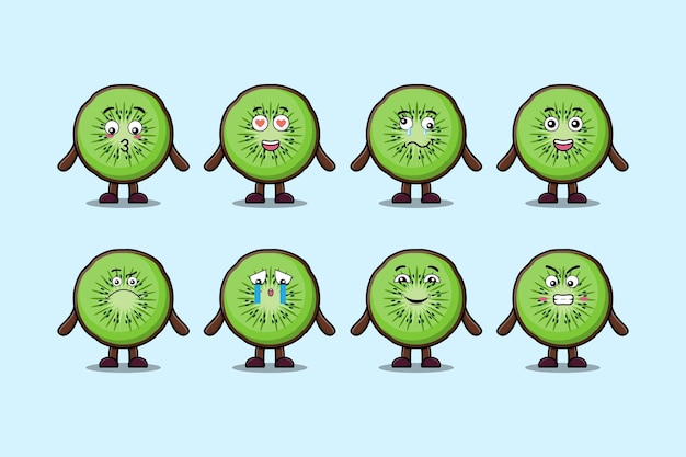 Establecer personaje de dibujos animados de fruta de kiwi kawaii con diferentes expresiones ilustraciones de vectores de cara de dibujos animados