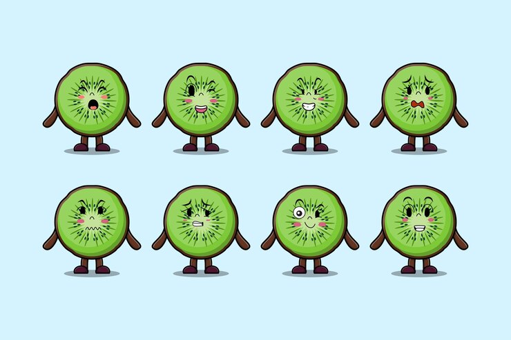Vector establecer personaje de dibujos animados de fruta de kiwi kawaii con diferentes expresiones ilustraciones de vectores de cara de dibujos animados