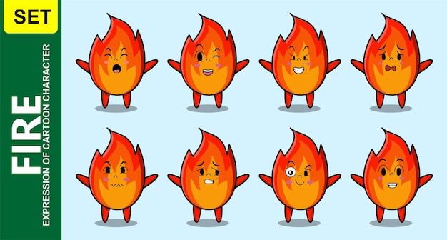 Vector establecer personaje de dibujos animados de fuego kawaii con diferentes expresiones de ilustraciones de vectores de cara de dibujos animados