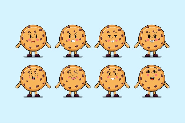 Establecer personaje de dibujos animados de galletas kawaii con diferentes expresiones ilustraciones de vectores de cara de dibujos animados