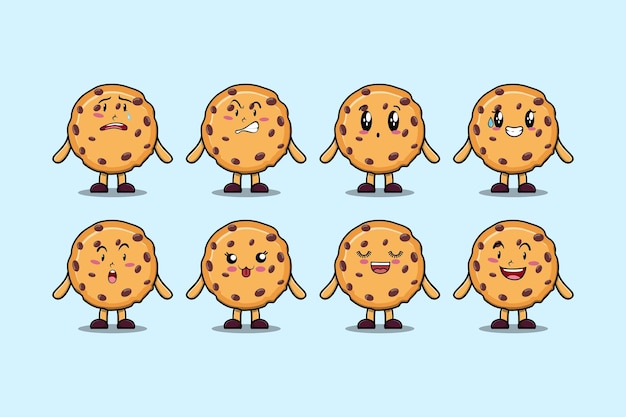 Establecer personaje de dibujos animados de galletas kawaii con diferentes expresiones ilustraciones de vectores de cara de dibujos animados