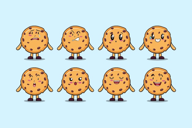 Establecer personaje de dibujos animados de galletas kawaii con diferentes expresiones ilustraciones de vectores de cara de dibujos animados