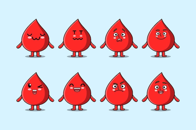 Establecer personaje de dibujos animados de gota de sangre kawaii con diferentes expresiones ilustraciones de vectores de cara de dibujos animados