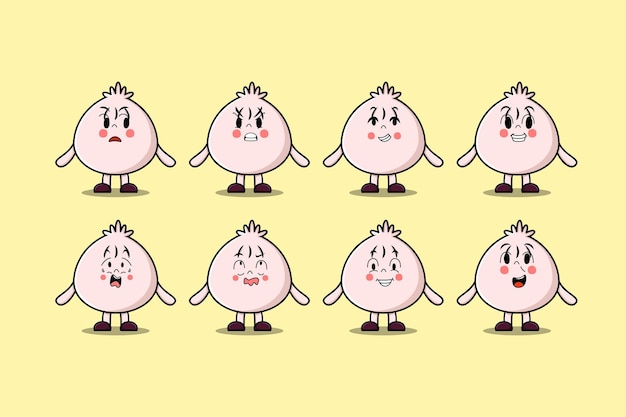 Establecer personaje de dibujos animados kawaii dim sum con diferentes expresiones ilustraciones de vectores de cara de dibujos animados