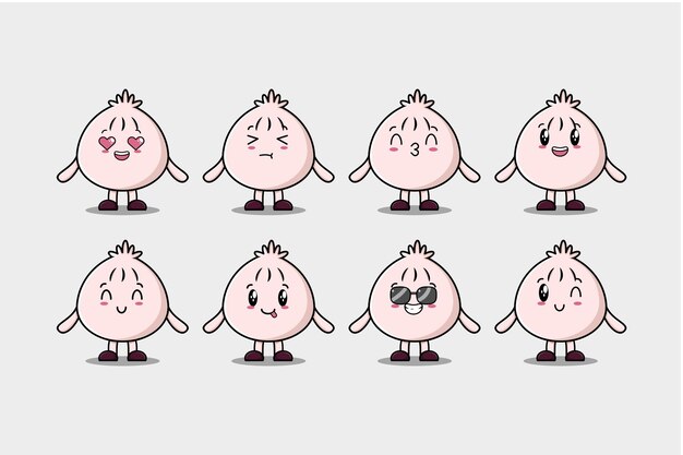 Establecer personaje de dibujos animados kawaii dim sum con diferentes expresiones ilustraciones de vectores de cara de dibujos animados