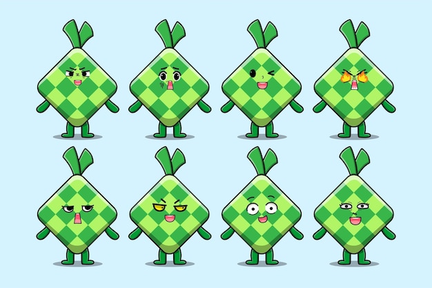 Establecer personaje de dibujos animados kawaii ketupat con diferentes expresiones de ilustraciones de vectores de cara de dibujos animados