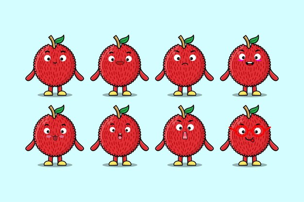Establecer personaje de dibujos animados kawaii Lychee con diferentes expresiones ilustraciones de vectores de cara de dibujos animados