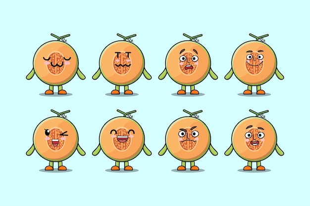 Establecer personaje de dibujos animados de melón kawaii con diferentes expresiones ilustraciones de vectores de cara de dibujos animados