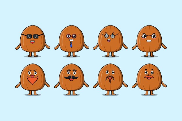 Establecer personaje de dibujos animados de nuez de almendra kawaii con diferentes expresiones de ilustración de vector de dibujos animados