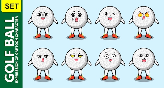 Establecer personaje de dibujos animados de pelota de golf kawaii con diferentes expresiones