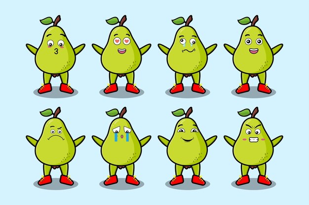 Establecer personaje de dibujos animados de pera kawaii con diferentes expresiones de ilustraciones de vectores de cara de dibujos animados