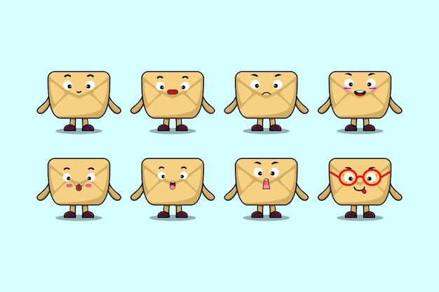Establecer personaje de dibujos animados de sobre kawaii con diferentes expresiones ilustraciones de vectores de cara de dibujos animados