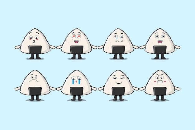 Establecer personaje de dibujos animados de sushi japonés de arroz kawaii con diferentes expresiones de vector de cara de dibujos animados