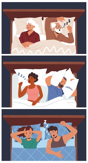 Vector establecer personajes de concepto de ronquidos durmiendo en la cama y sufriendo de ronquidos gente despierta escuchando ronquidos nocturnos