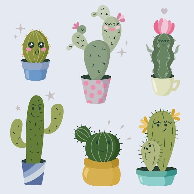 Establecer personajes de dibujos animados cactus con cara feliz