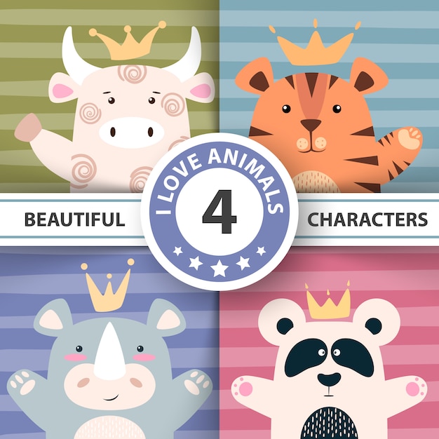 Establecer personajes de dibujos animados - toro, panda, tigre, rinoceronte