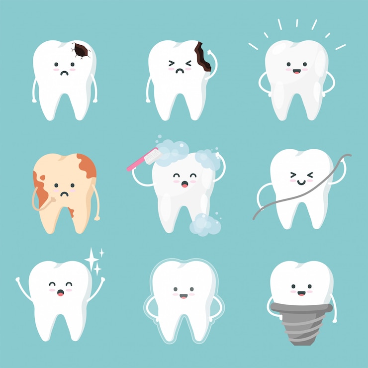 Vector establecer personajes de diente lindo en estilo plano. colección dental: cepillado, placa, orificio de caries, limpieza, manchas y dientes sanos.