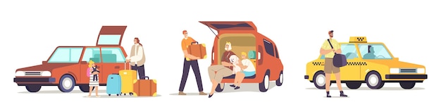 Establecer personajes felices listos para ir. Familia sentada en el maletero del coche prepararse para viajar. Taxi de la orden del hombre. Madre, padre e hijos con equipaje saliendo de casa para viajar. Ilustración de Vector de gente de dibujos animados